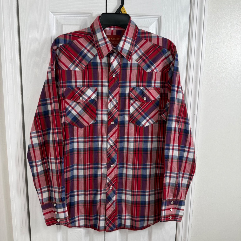 Rustler Western Pearl Snap Shirt M Red Plaid Cowboy Rodeo X-Long Tails Americana